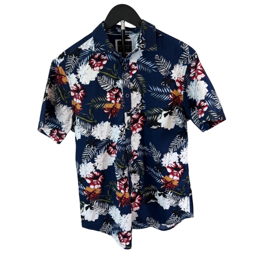 Ricky & Micky Navy Blue Tropical Floral Button-Up Shirt - Slim Fit - Size Medium - Picture 2 of 12